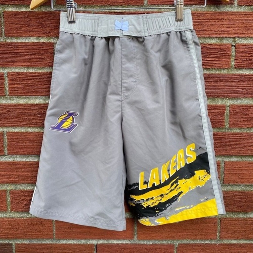 NBA‎ Los Angeles Lakers Youth Gray Swim Trunks Board Shorts Size Small 8